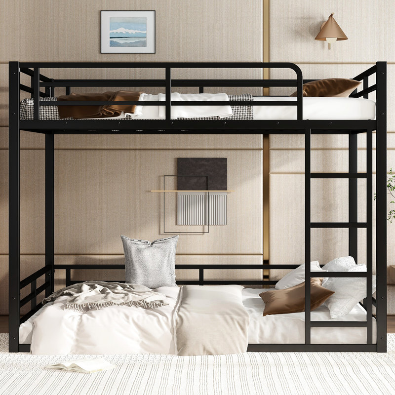 Black Full Xl Floor Bunk Bed, Low - Profile, Guardrails, Easy To Assemble, Metal Over Xl, Noise Minimizing, Stable For All Ages In Dorms