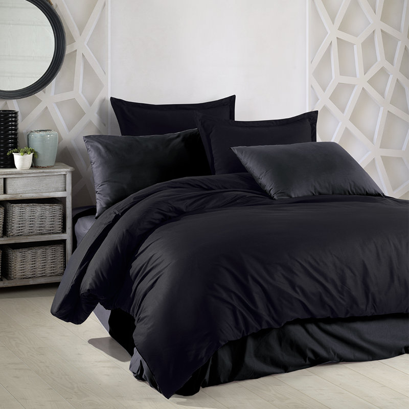 Ranforce 100% Cotton Duvet Cover Set, 3 Pieces Luxury Soft Bedding Set with Closure. Solid Color Pattern Duvet Cover, Black