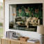 Toile «A Cozy Living Room Doted», un art moderne de canapé de couleur claire orné de coussins texturés doux et une couverture drapée-882720018