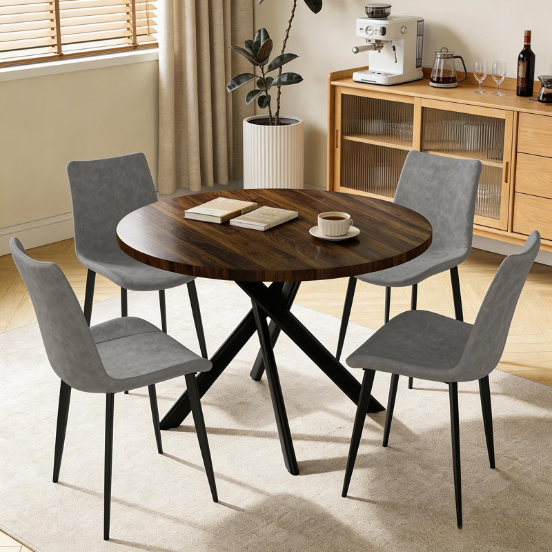 43.5 Inch Round Dining Table Set For 4, 5-piece Wooden Table With Metal Leg Dining Chairs, Mid Century Modern Small Coffee Set For Dining Room Kitchen Apartment