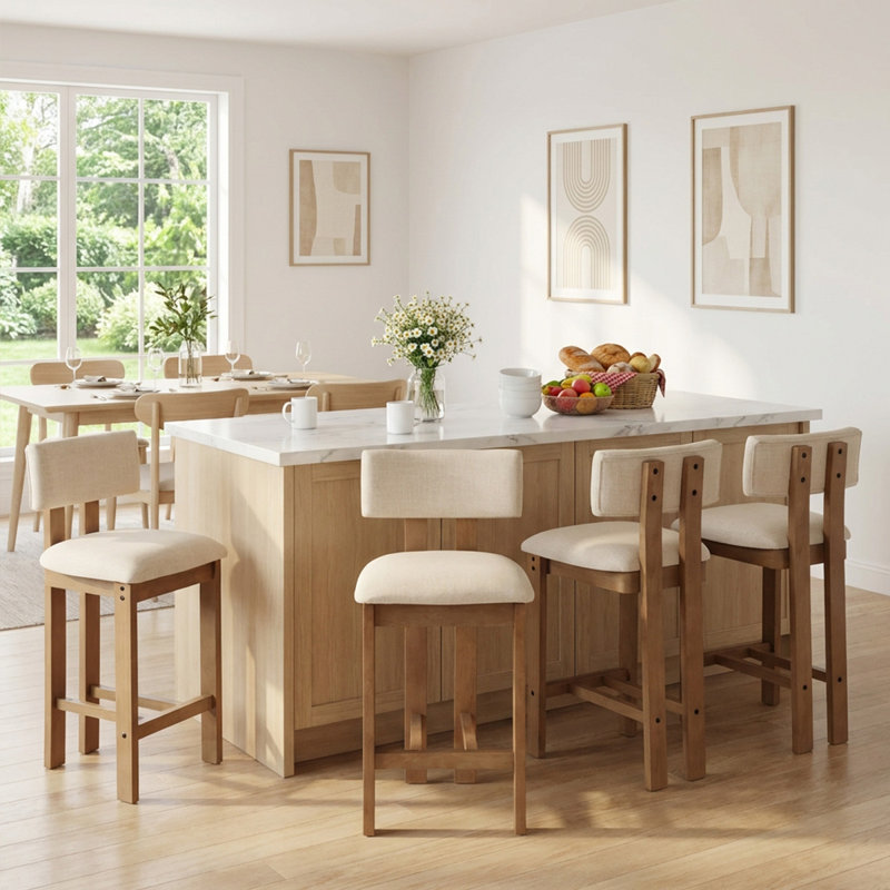 Upholstered Stool With Solid Wood Frame, Beige