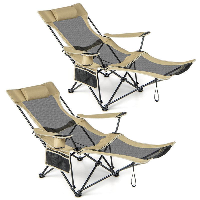 Camping Lounge Chair Adjustable Reclining Lounge Chair W/ Removable Footrest, Khaki