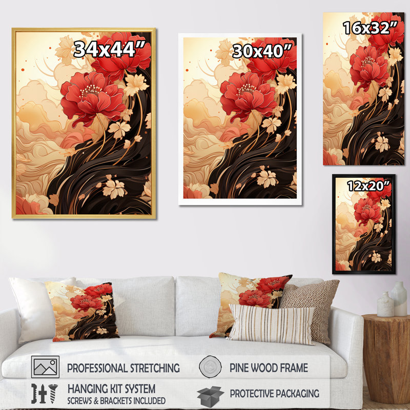 «Red Chrysanthemums on Branch Japanese Retro I», reproduction sur toile, H 32 po x l 16 po x P 1 po, Cadre simple argenté