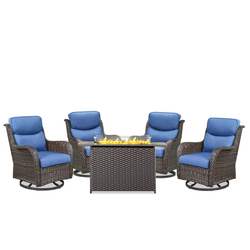 Smile 5 - Piece Outdoor Seating Group With Firepit Table With Cushions, Blue, Brown