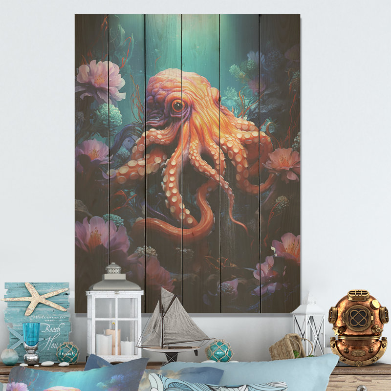 Popup Octupus Impression I - Octopus / calmar, art sur bois de pin naturel, H 40 po x l 30 po