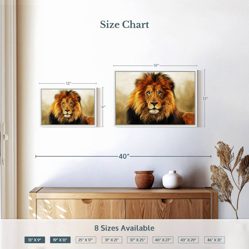 Lion aux yeux bleus, Cadre flottant blanc, 19 po x 13 po