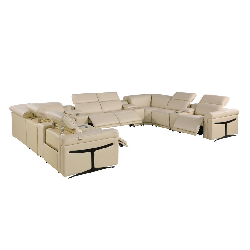 Stanwinn 12 – Piece 4 Power Reclining Top Grain Italian Leather Sectional with Power Headrest, Beige Genuine Leather