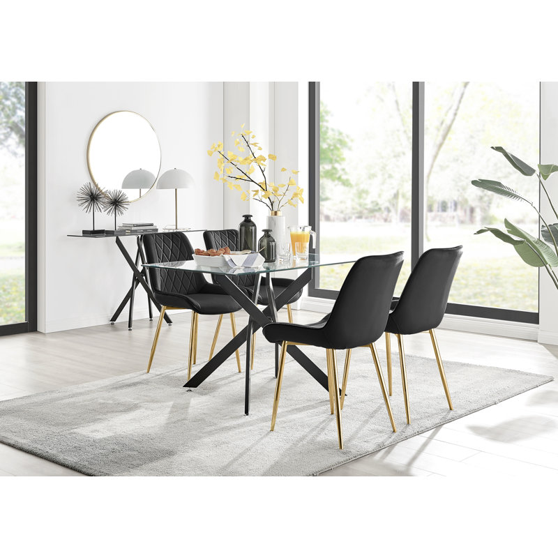 Lenworth Modern Metal and Glass Dining Table Set with 4 Velvet Upholstered Dining Chairs, Black/Gold