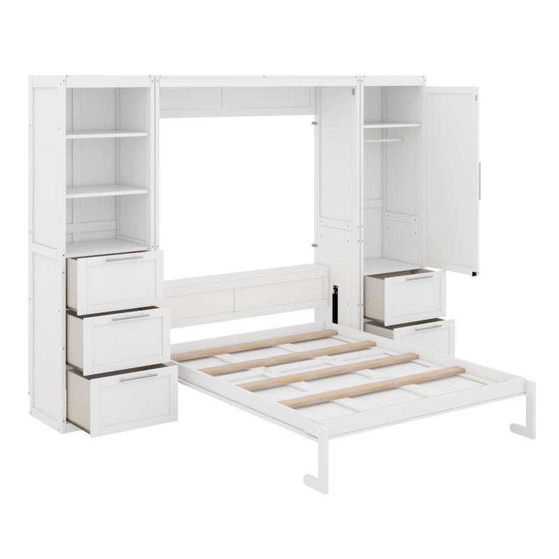 Grand lit escamotable mural avec placard, tiroirs et tablettes, Blanc
