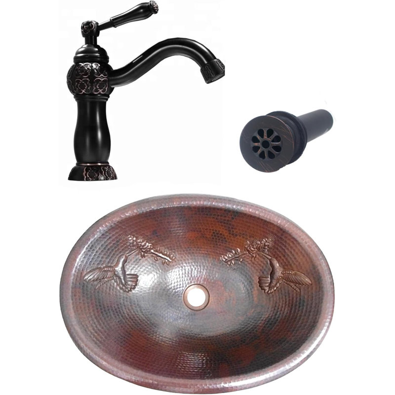 19" Oval Copper Bath Sink Hummingbird Design Faucet & Drain Included