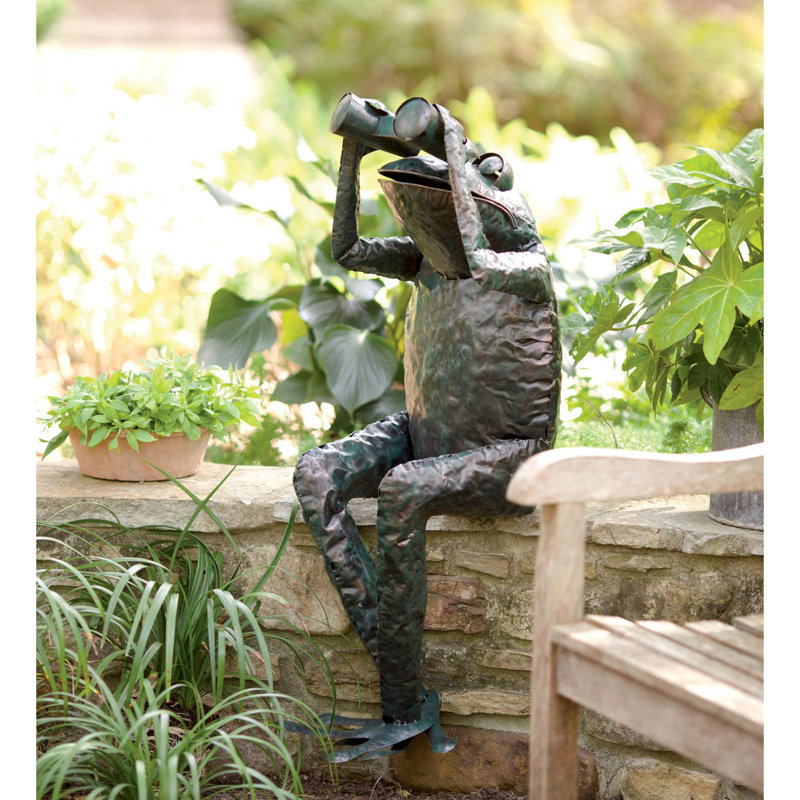 Statue de jardin grenouille en métal fabriqué à la main avec des jumelles