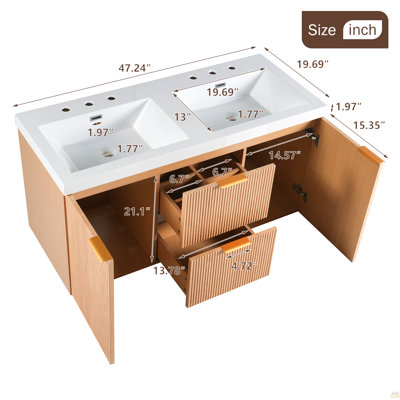 47.24 Inch Double Sink Bathroom Vanity with SMC  Top, MDF Cabinet, Soft Close Doors, Divided Drawers, Wall-Mounted Modern Storage Vanity