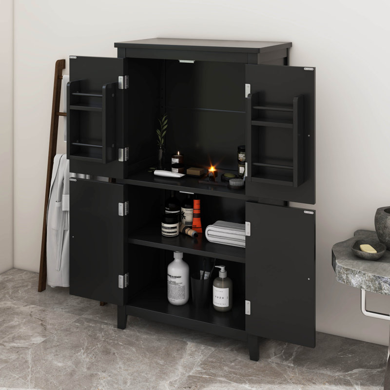 Elegant Freestanding Bathroom Storage Cabinet Organizer With Four Doors & Adjustable Shelves, Black