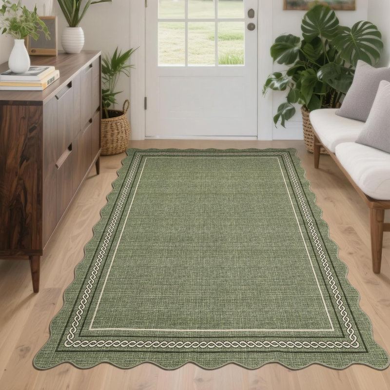 Scalloped Machine Washable Area Rug with Non Slip Backing Soft Faux Wool Low Pile Stain Resistant Easy Cleaning Carpet for Living Room Bedroom