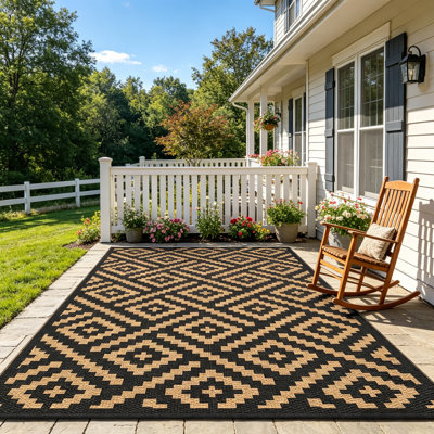 5'X8' Waterproof Outdoor Rug For Patio, Reversible Plastic Camping Mat For RV, Porch, Deck, Camper, Balcony & Backyard, Black & Gray