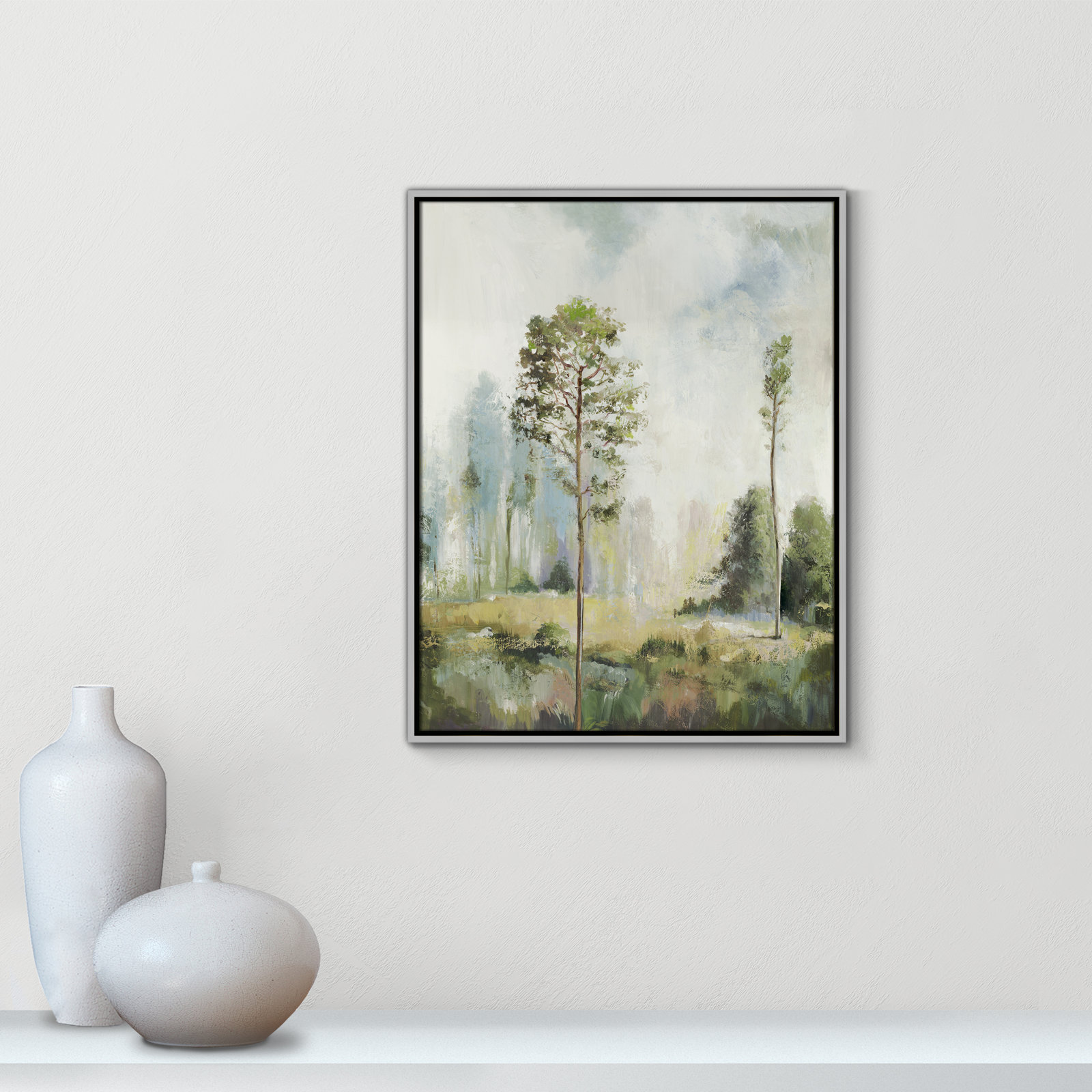 Tall Green Trees I by Teton Pearce - Floater Frame Print on Canvas, 29.5" H x 23.5" W, White