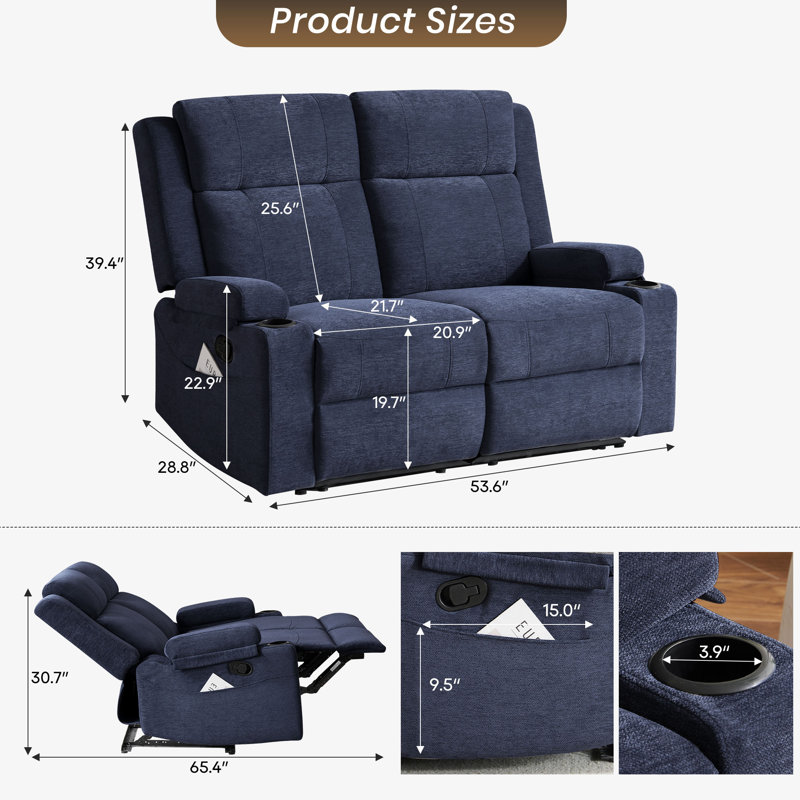 Causeuse inclinable manuelle moderne en chenille avec porte-gobelets et accoudoirs de rangement, dossier réglable, design compact pour le salon - bleu