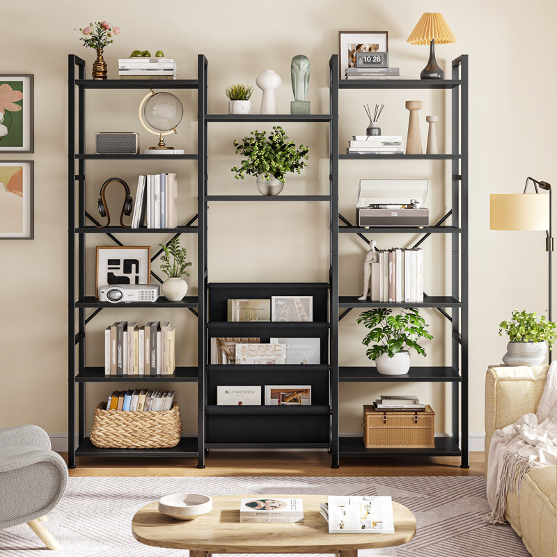 5/6-tier Bookcase With Hanging Fabric Bins, Adjustable Shelves, Storage Unit, Black, 6-Tier