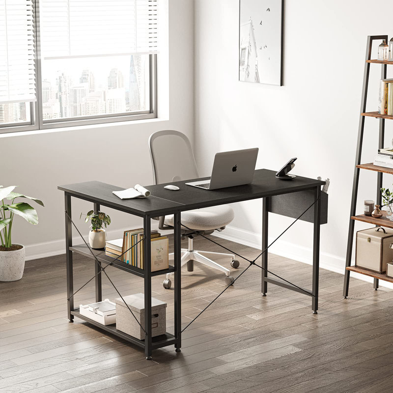 Lajeanne L-Shaped Steel Computer Desk, Black