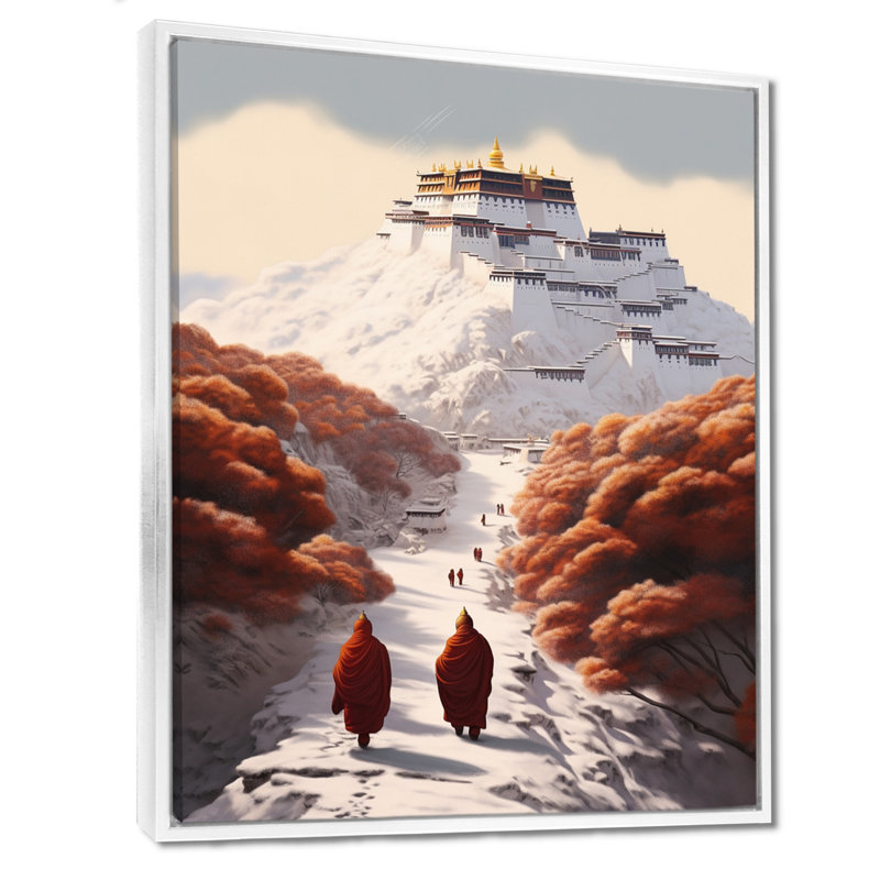 Moines rouges marchant vers le temple enneigé - Paysage d'hiver, Toile encadrée flottée blanche, H 44 po x l 34 po x P 1,5 po