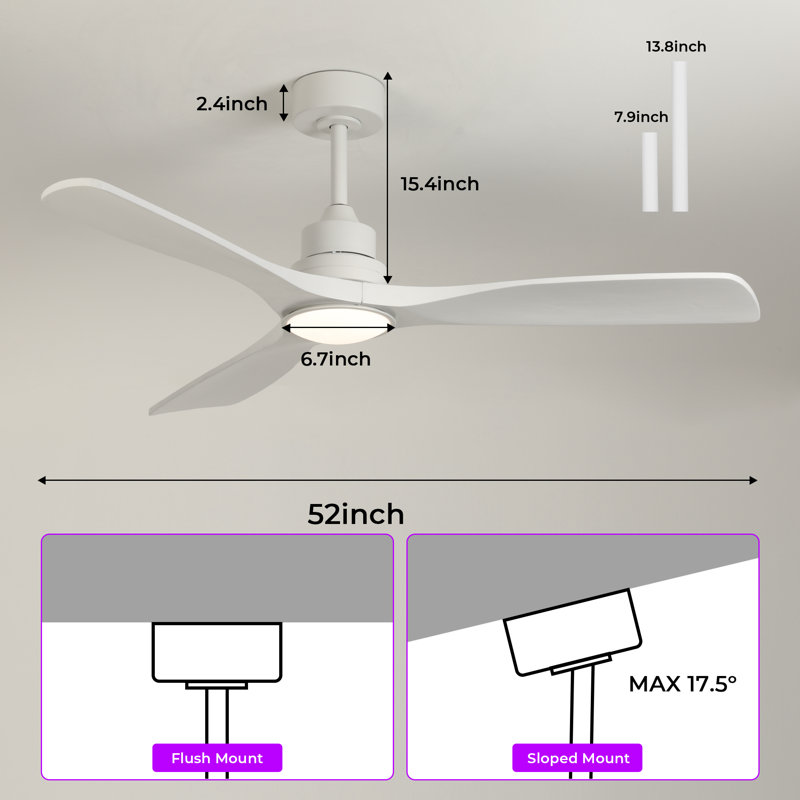 Karlena 52'' Modern Farmhouse Dimmable Ceiling Fan with LED Lights and Remote Control 3 Colors 6 Speeds Reversible Noiseless DC Motor (Set of 2)