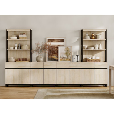 Modern Farmhouse Pantry Cabinet With 4 Doors, Freestanding Kitchen Storage Organizer With 3-Tier Adjustable Shelves And Black Metal Legs, Wooden Dining Room Sideboard