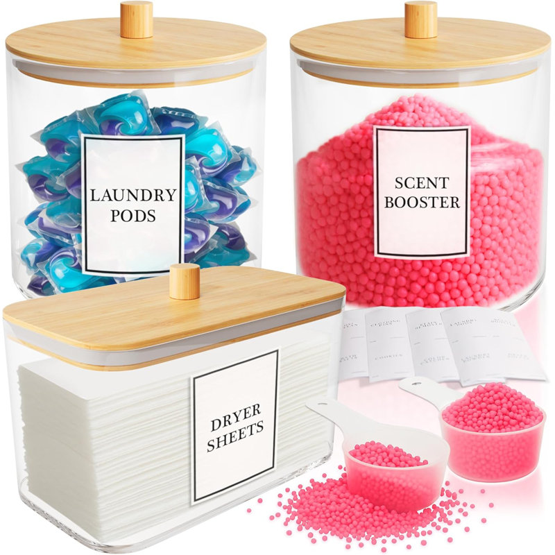 3-Piece Airtight Bamboo Laundry Storage Organizer Set, Clear Acrylic Jars with Moisture Barrier for Detergent, Pods & Dryer Sheets