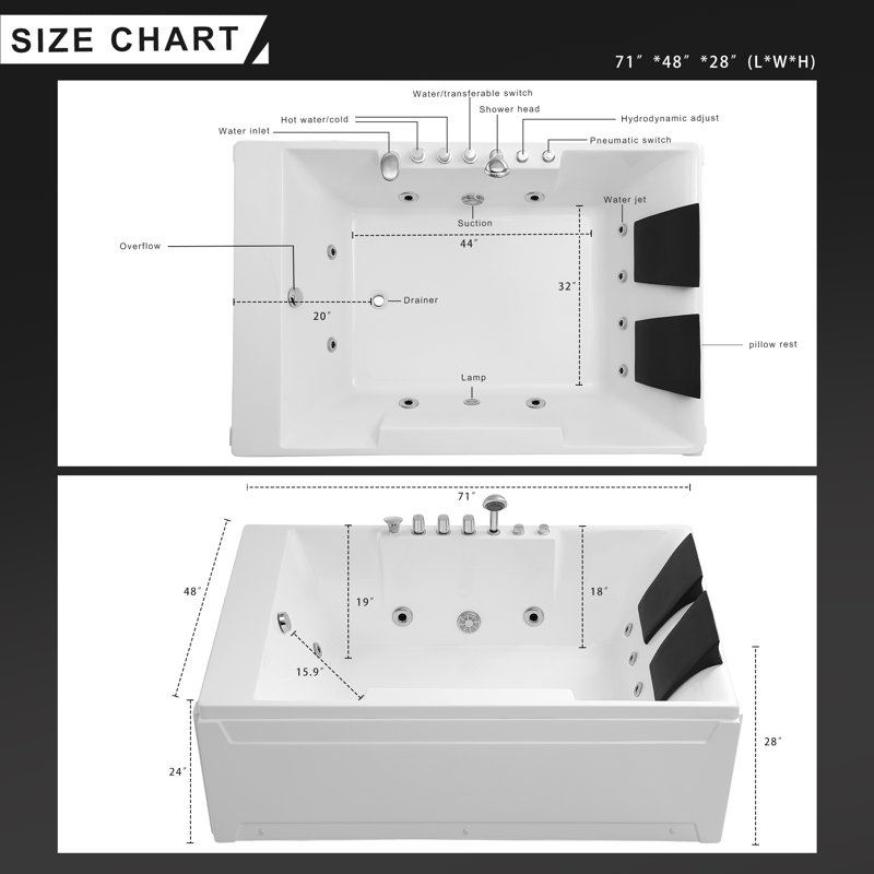 72 po X 48 po Baignoire tourbillon en alcôve gauche