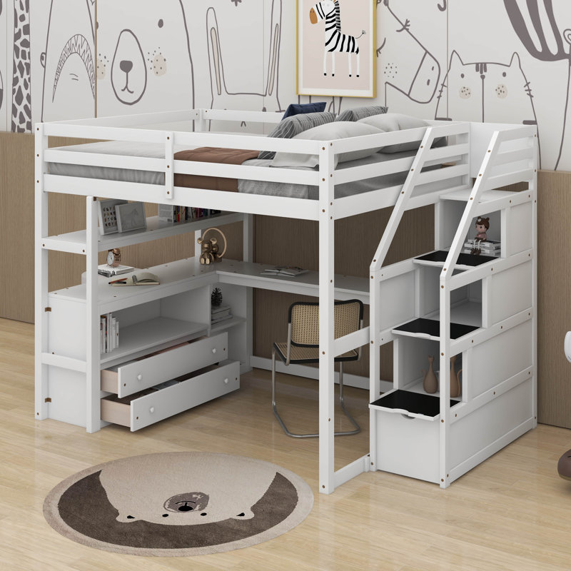Lit mezzanine double avec bureau et tablettes, Blanc
