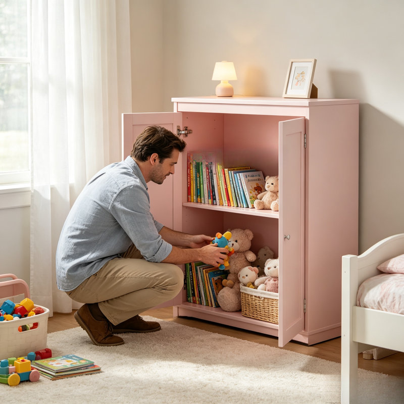 Armoire de rangement d'appoint rose à 2 portes, armoire latérale autoportante en bois pour rangement