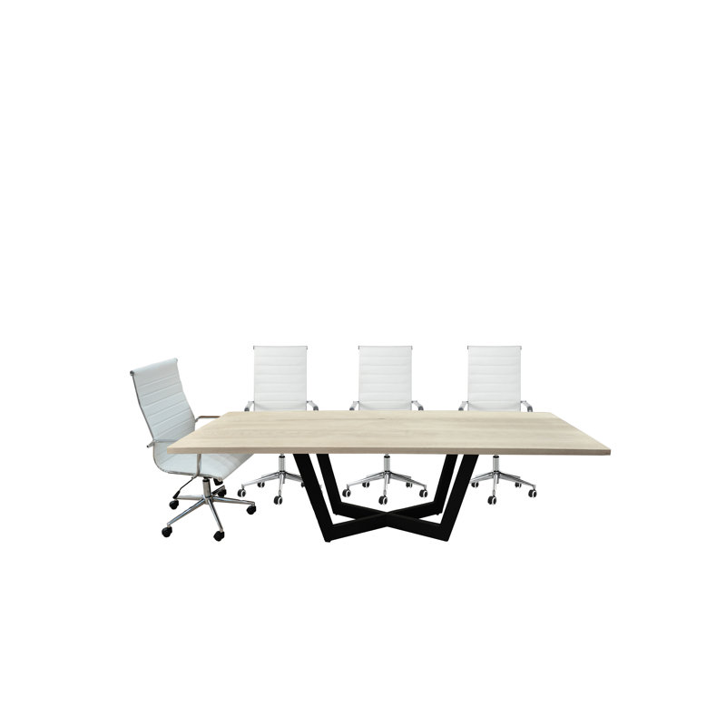 Ziran 84" Solid White Oak Rectangular Conference Table Set With 8 White Office Chairs, White