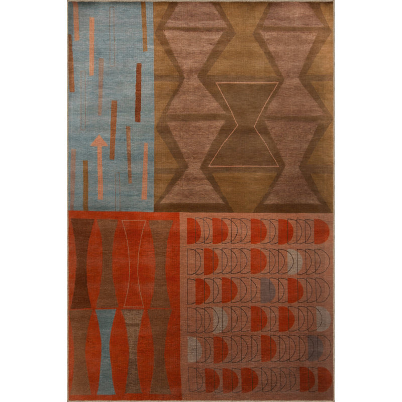 Tapis orange à motif géométrique abstrait et abstrait à motif géométrique, Rectangle 6 pi 6 po x 9 pi 10 po