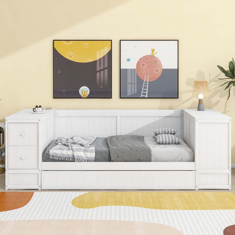 Daybed with Storage Arms, Trundle and Charging Station, White
