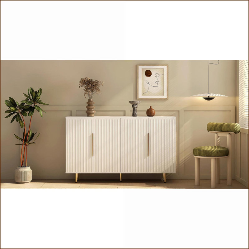 Sideboard, White Modern Buffet with Fluted Panels &amp; Adjustable Shelves | MDF Material