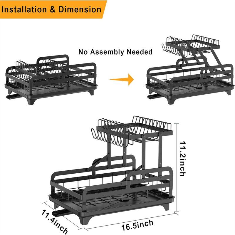 2-tier metal dish drying rack, no installation required Sturdy dish rack for kitchen countertops with draining board Multifunctional storage and draining unit