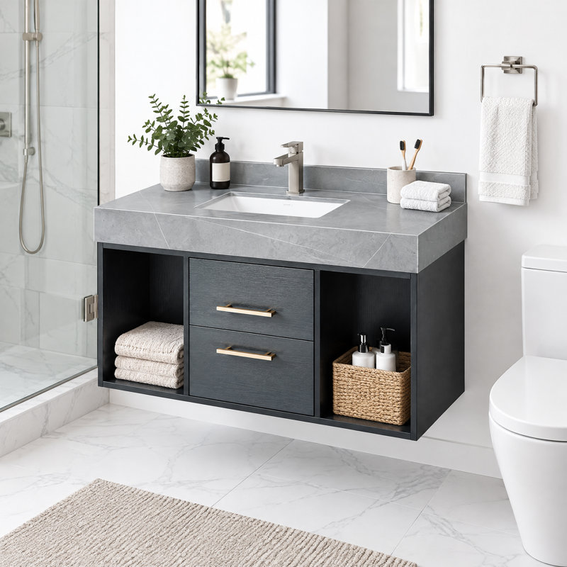 Salle de bain murale moderne 39 po avec lavabo, meubles-lavabos flottants avec deux tiroirs et tablettes, plateau en pierre frittée grise, armoire noire et lavabo en céramique blanche