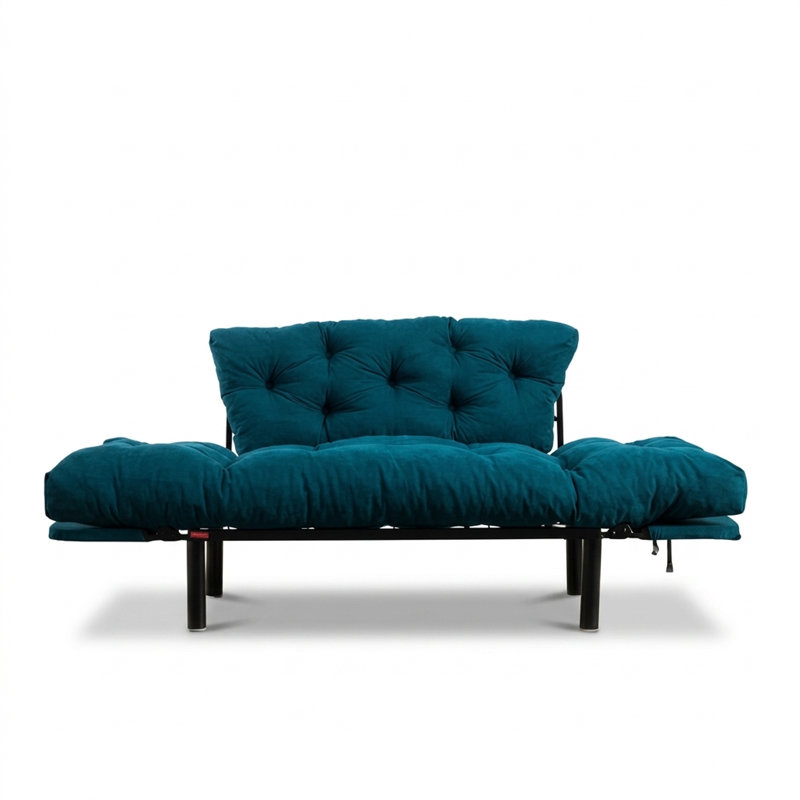Metal Frame 2-Seat Sleeper Sofa Microfibre Fabric, Petrol Blue
