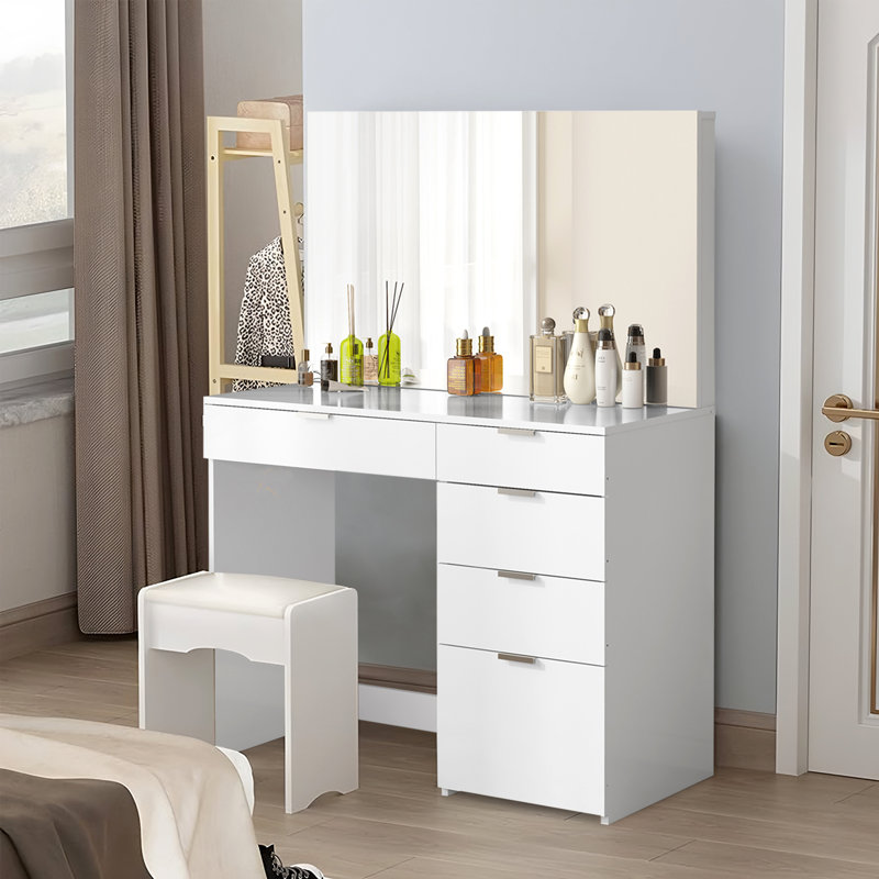Coiffeuse de maquillage avec 5 tiroirs, coiffeuse moderne avec rangement pour chambre ou salle de bain