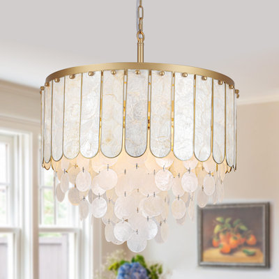 Coastal 5-Light Gold Seashell Chandelier With Capiz Shells for Living Room & Foyer