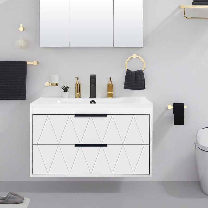 Ensemble de meuble-lavabo mural simple 30 po avec lavabo, robinet en alliage de zinc et tiroirs à fermeture en douceur Ciarra Sharee