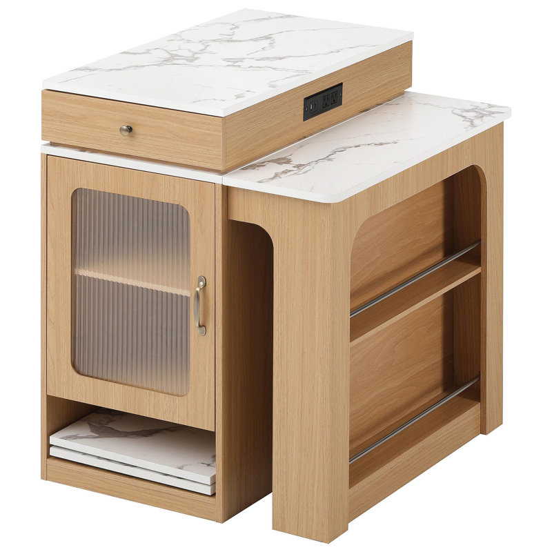 59.5"Kitchen Island With Extendable Dining Table, Kitchen Storage Table With Double-Sided Storage, Kitchen Island With 2 Drawers, Power Outlet, Side Open Shelves, For Kitchen, Dining Room, Natural