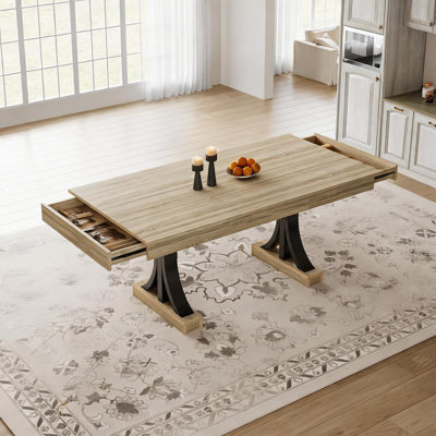 70.86" Industrial Dining Table for 6-8, Modern Rectangular Table with Drawers, Sturdy C-Shaped Metal Base
