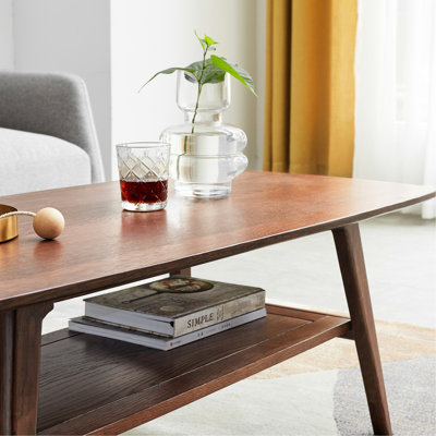 Solid Wood Table For Living Area - Oak Coffee Desk With Storage, Rectangular, Easy To Put Together, Walnut 100% Rectangular Shelves, Brown