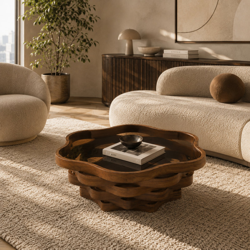 Table basse de forme irrégulière en forme de nuage avec plateau en verre trempé teinté et base en panneau de fibres à densité moyenne ondulée Caston