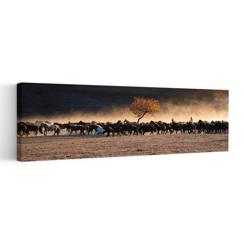 Chevaux qui courent, peinture dorée abstraite, art contemporain, paysage d'automne, H 36 po x l 12 po