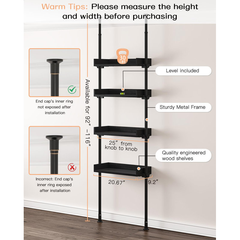 Tension Mount Bathroom Organizers And Storage Over Toilet With 4 Adjustable Shelves,Over Toilet Bathroom Organizer Fit 92-116 Inch Tall,Black