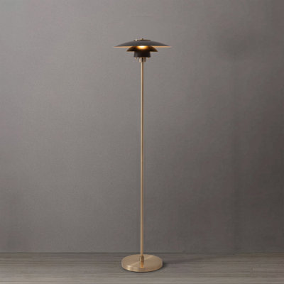 Slimline Floor Lamp - Modern Style, Weathered Brass Steel Body & Base, FLEUR Matte Black/Gold Steel Shade, Body Dimmer, for Living Rooms & Bedrooms