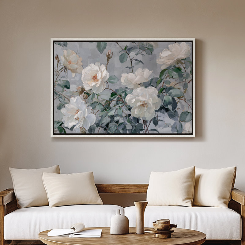 Art mural encadré sur toile - Arrangement floral rose blanche classique sur fond gris doux - 16 po x 24 po, 24 po x 36 po
