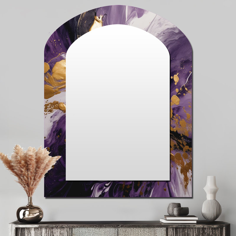Mauve et or liquide Magic II - miroir mural abstrait en arc, miroir décoratif asymétrique mauve, impression d'art en métal