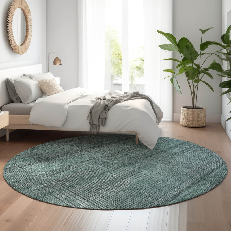Premium Machine Washable Prisco Teal Rug, Round 8'